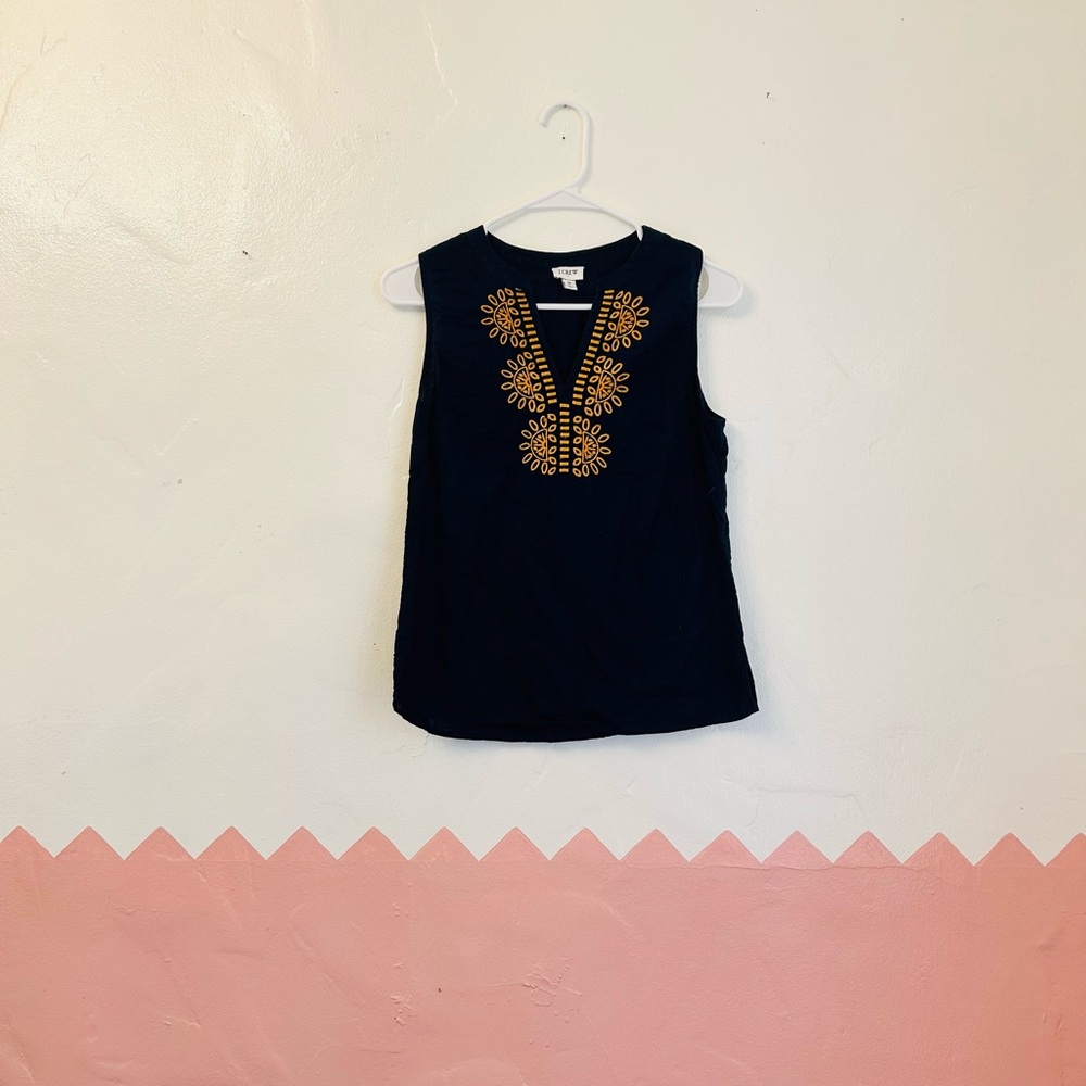 J Crew Navy and Gold Embroidered Linen Tank